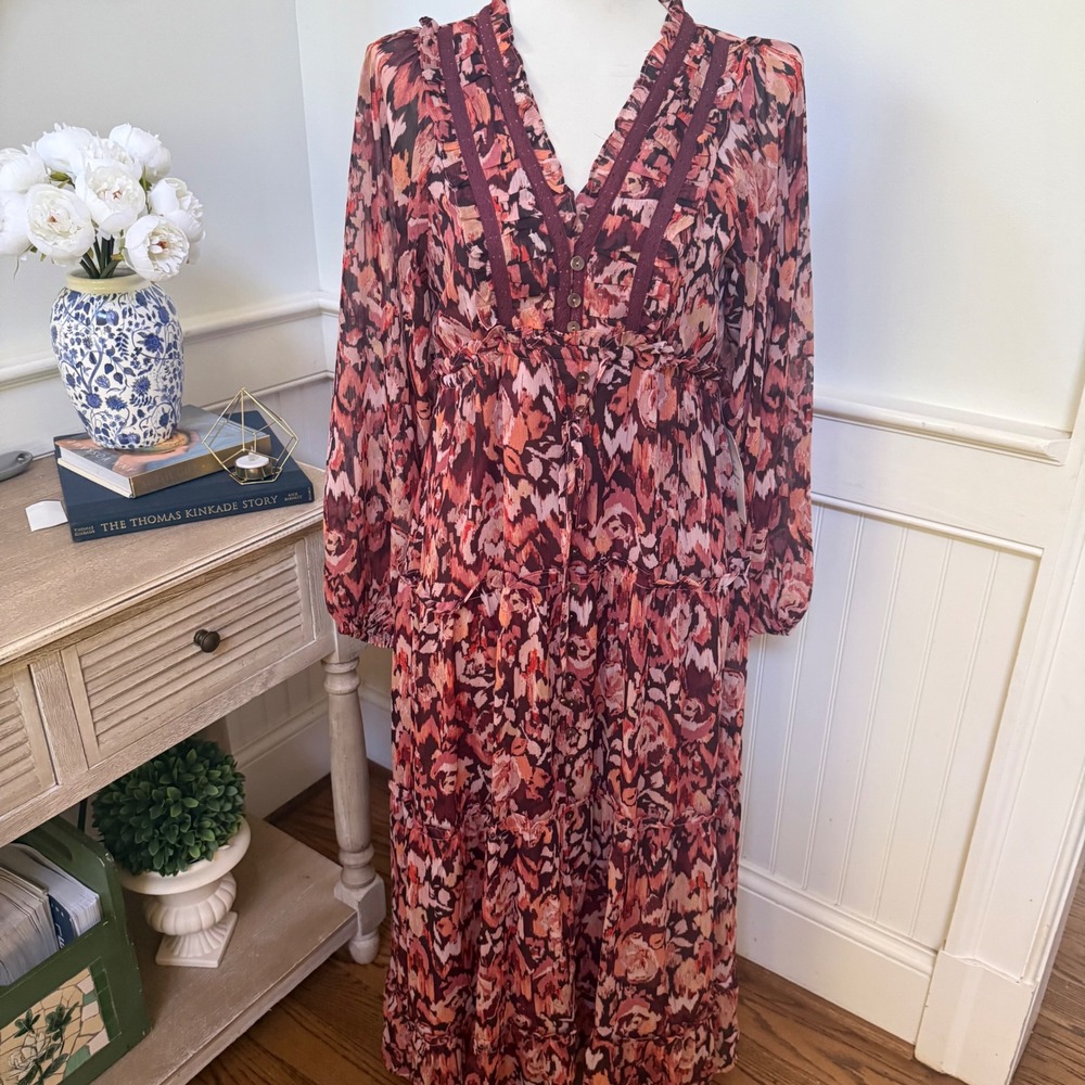 Bohme Women Burgundy Floral Ikat Maxi Dress V-Neck Lace Trim Tiered NEW